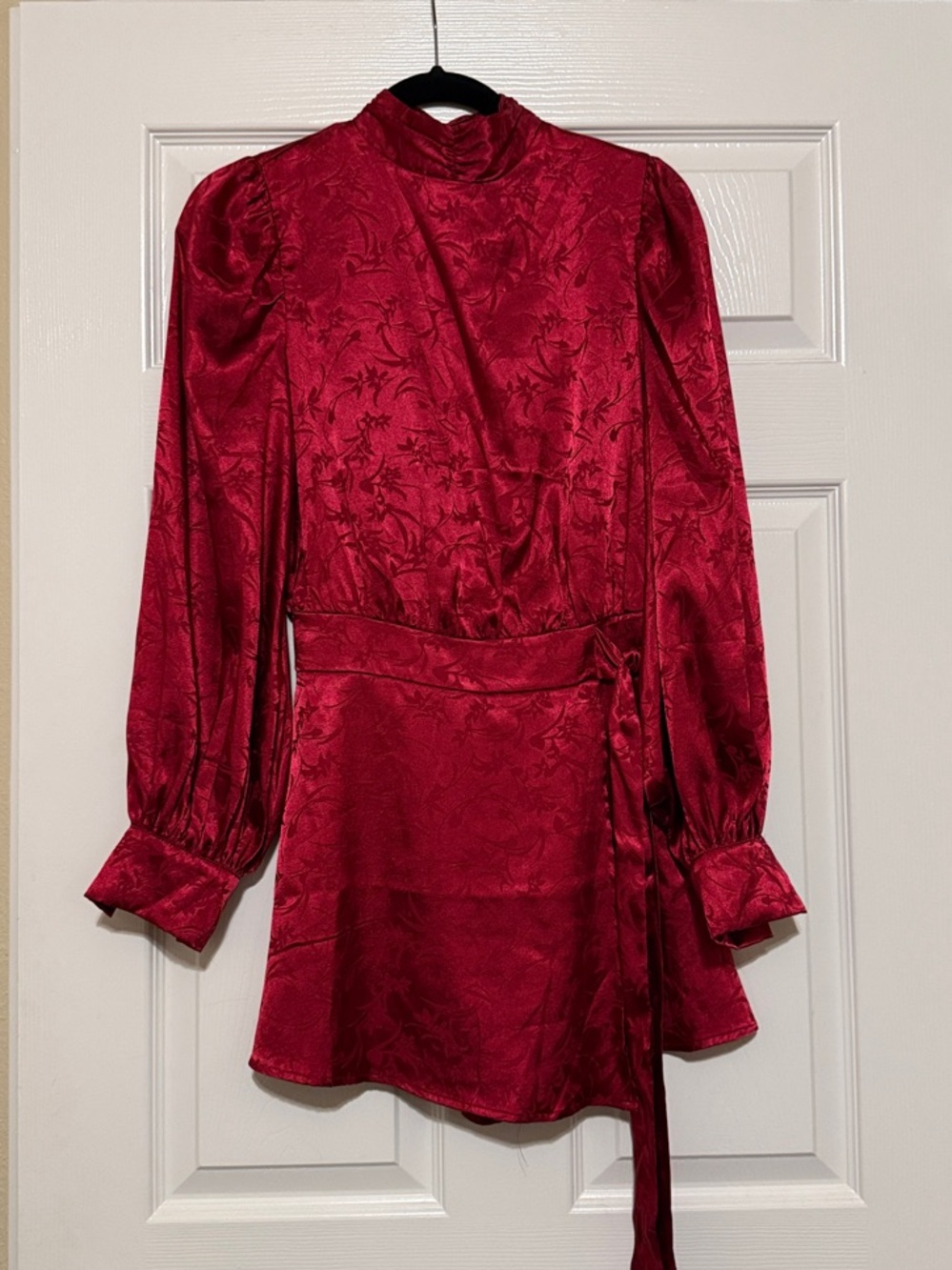 Flying Tomato Red Satin Jacquard Long Sleeve Romper